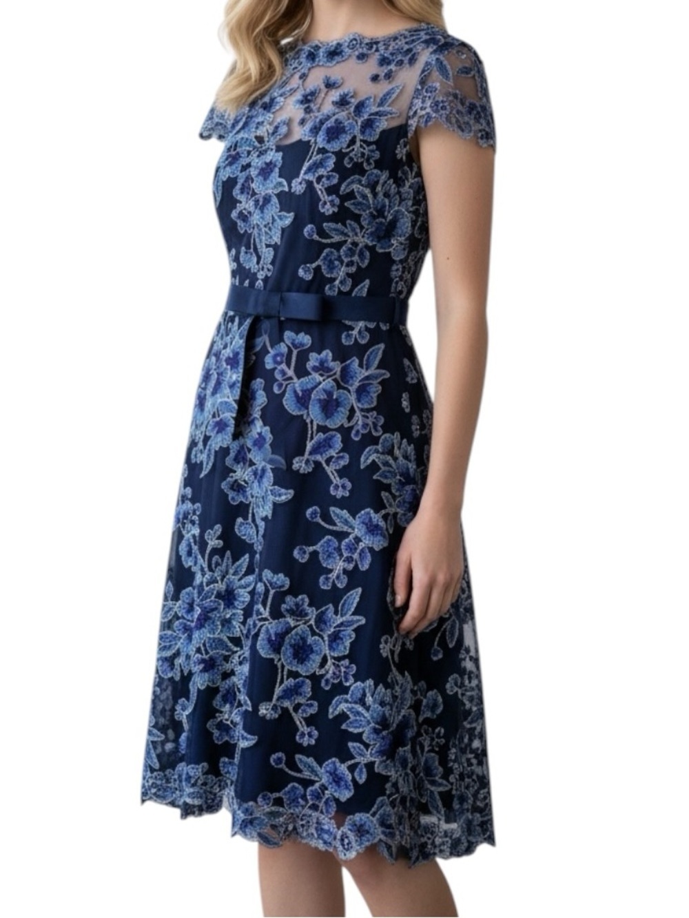 Tadashi Shoji Blue Violet Floral Lace Illusion Cocktail Dress Size 6 NWT $368
